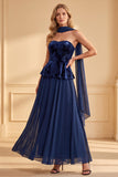 Vestido formal comprido de veludo azul escuro em veludo A-line estampado em chiffon