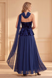 Vestido formal comprido de veludo azul escuro em veludo A-line estampado em chiffon