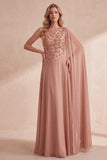 Vestido formal comprido de um ombro com missangas em chiffon caqui e capa