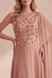 Vestido formal comprido de um ombro com missangas em chiffon caqui e capa