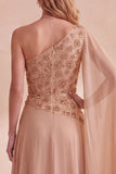 Vestido formal comprido de um ombro com missangas em chiffon caqui e capa