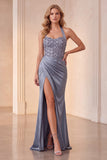 Vestido formal longo de cetim com bainha azul poeirento, com bainha e funda,