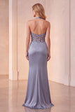 Vestido formal longo de cetim com bainha azul poeirento, com bainha e funda,