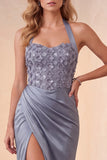 Vestido formal longo de cetim com bainha azul poeirento, com bainha e funda,