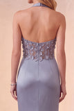Vestido formal longo de cetim com bainha azul poeirento, com bainha e funda,
