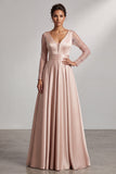 Blush Vestido de Mãe da Noiva Blush A-Line de Decote em V, Maxi Plissado e Lantejoulas