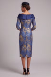 Vestido midi de mãe da noiva azul real com estampado de ombros e mangas 3/4