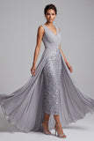 Vestido Mãe da Noiva, Vestido Midi Midi de Chiffon Cinzento Claro com Lantejoulas