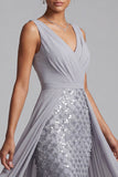 Vestido Mãe da Noiva, Vestido Midi Midi de Chiffon Cinzento Claro com Lantejoulas