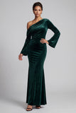 Sereia de veludo verde escuro Um ombro Mangas flare franzidas Vestido formal comprido