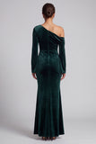 Sereia de veludo verde escuro Um ombro Mangas flare franzidas Vestido formal comprido