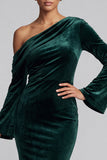 Sereia de veludo verde escuro Um ombro Mangas flare franzidas Vestido formal comprido