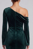 Sereia de veludo verde escuro Um ombro Mangas flare franzidas Vestido formal comprido