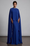 Vestido de Mãe da Noiva Capa Maxi de gola alta em chiffon azul escuro com bordas