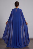 Vestido de Mãe da Noiva Capa Maxi de gola alta em chiffon azul escuro com bordas