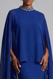 Vestido de Mãe da Noiva Capa Maxi de gola alta em chiffon azul escuro com bordas