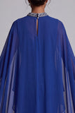 Vestido de Mãe da Noiva Capa Maxi de gola alta em chiffon azul escuro com bordas