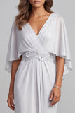 Vestido de mãe da noiva, vestido de mãe da noiva cinzento claro, decote em V, decote em V, em cinzento claro