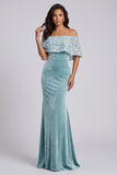 Vestido formal comprido de veludo de veludo azul claro, sereia azul claro com apliques de renda