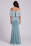 Vestido formal comprido de veludo de veludo azul claro, sereia azul claro com apliques de renda