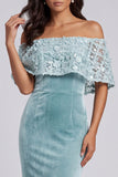 Vestido formal comprido de veludo de veludo azul claro, sereia azul claro com apliques de renda