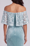 Vestido formal comprido de veludo de veludo azul claro, sereia azul claro com apliques de renda