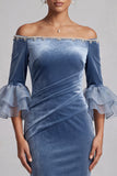 Sereia azul empoeirada, ombro descoberto, veludo com mangas franzidas e folhos, vestido formal comprido com strass
