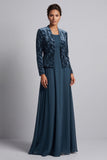 Vestido Mãe da Noiva Azul Pavão A-Line Long de 2 peças com casaco bolero de veludo