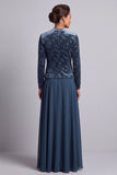 Vestido Mãe da Noiva Azul Pavão A-Line Long de 2 peças com casaco bolero de veludo