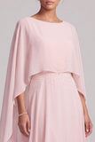 Blush Vestido de Mãe da Noiva com gola bata em chiffon, capa longa de mãe da noiva com bordas