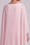 Blush Vestido de Mãe da Noiva com gola bata em chiffon, capa longa de mãe da noiva com bordas