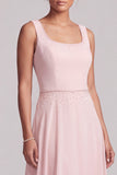 Blush Vestido de Mãe da Noiva com gola bata em chiffon, capa longa de mãe da noiva com bordas