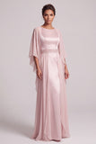 Blush Sheath Mangas Cape de Gola Redonda Mangas Capa Longo de Chiffon Vestido de Mãe da Noiva com Missangas