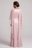 Blush Sheath Mangas Cape de Gola Redonda Mangas Capa Longo de Chiffon Vestido de Mãe da Noiva com Missangas
