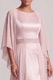 Blush Sheath Mangas Cape de Gola Redonda Mangas Capa Longo de Chiffon Vestido de Mãe da Noiva com Missangas