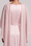 Blush Sheath Mangas Cape de Gola Redonda Mangas Capa Longo de Chiffon Vestido de Mãe da Noiva com Missangas