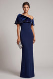 Vestido formal longo de veludo ombro descoberto assimétrico de sereia azul escuro com strass