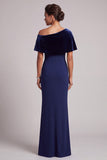 Vestido formal longo de veludo ombro descoberto assimétrico de sereia azul escuro com strass