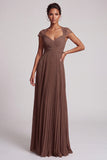 Vestido formal comprido pregueado em chiffon em linha A com decote em V e renda