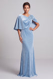 Vestido Formal Longo de Veludo Capa de Sereia Azul Claro com Flor 3D