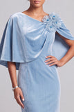 Vestido Formal Longo de Veludo Capa de Sereia Azul Claro com Flor 3D