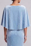 Vestido Formal Longo de Veludo Capa de Sereia Azul Claro com Flor 3D