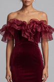 Sereia Borgonha Franziu Veludo do Ombro Vestido Formal Comprido