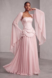 Vestido de baile de finalista longo Peplum A-Line em camadas com espartilhos blush, chiffon, Jacquard, com mangas alargadas