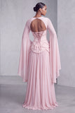 Vestido de baile de finalista longo Peplum A-Line em camadas com espartilhos blush, chiffon, Jacquard, com mangas alargadas