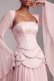 Vestido de baile de finalista longo Peplum A-Line em camadas com espartilhos blush, chiffon, Jacquard, com mangas alargadas