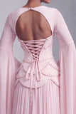 Vestido de baile de finalista longo Peplum A-Line em camadas com espartilhos blush, chiffon, Jacquard, com mangas alargadas