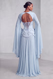 Vestido de baile de finalista longo Peplum A-Line em camadas com espartilhos blush, chiffon, Jacquard, com mangas alargadas