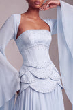 Vestido de baile de finalista longo Peplum A-Line em camadas com espartilhos blush, chiffon, Jacquard, com mangas alargadas