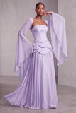 Vestido de baile de finalista longo Peplum A-Line em camadas com espartilhos blush, chiffon, Jacquard, com mangas alargadas